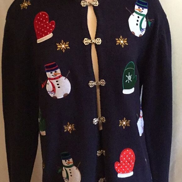 Vintage navy Christmas sweater w/ornate closures - Picture 5 of 8
